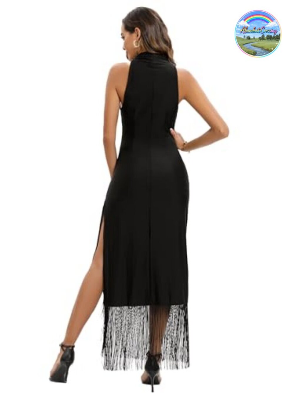Womens Gatsby Vintage Flapper Maxi Dress Halter Tassel Hem Gown with Slit - Picture 4 of 6